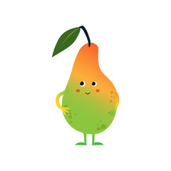 Cute Sweet Pear, Funny Fruit Cartoon Character with Funny Face Vector Illustration