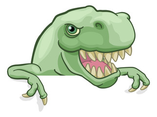 A dinosaur T Rex cartoon character peeking over a sign and pointing