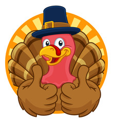 Pilgrim Turkey Thanksgiving bird animal cartoon character wearing a pilgrims hat giving a thumbs up