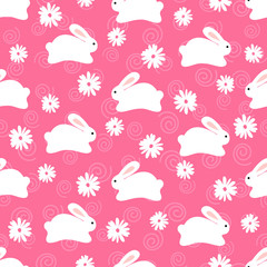 Seamless pattern of cute white bunnies on pink background with floral elements