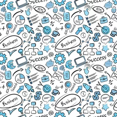 Wall murals Graffiti Seamless pattern with business icons in doodle style. Funny finance texture for office or print. Hand drawn seamless wallpaper pattern with presentation symbols. 