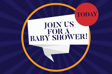 Handwriting text Join Us For A Baby Shower. Concept meaning Invitation to celebrate the next baby coming Folded 3D Ribbon Strip inside Circle Loop on Halftone Sunburst photo