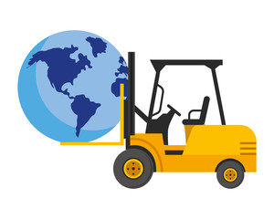 globe with lift truck vector illustration