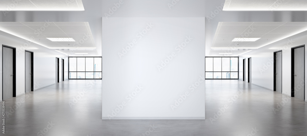 Aufkleber Blank squared wall in office mockup with large windows and sun passing through 3D rendering