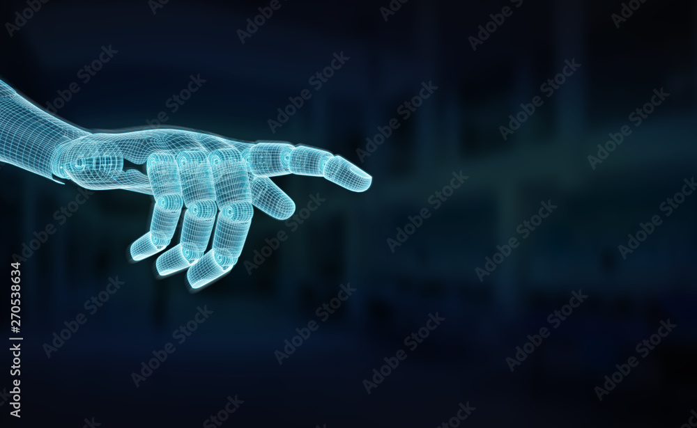 Poster wireframed blue robot hand pointing finger on dark 3d rendering