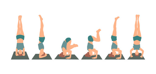 Yoga pose headstand set of variations. Vector color illustration isolated on white background.