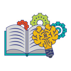 Book open with gears and bulb light brain shape blue lines