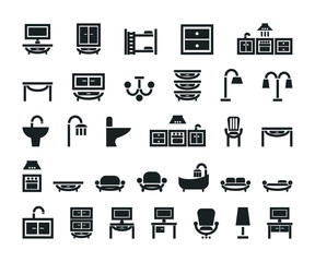 home furniture icon set. Vector black and white isolated illustration.