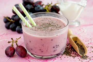 Chia pudding with grape in glass, healthy food idea