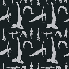 Yoga poses women silhouettes seamless pattern. vector dark gray background