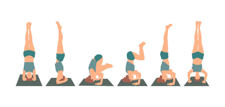 Yoga pose headstand set of variations. Vector color illustration isolated on white background.