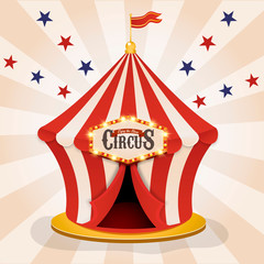 Circus tent. Vintage circus banner with bright bulbs,dome tent, highlights, gold stars, ribbon and garlands. Fun fair vector poster. Bright retro frame with text. © Elena Baryshkina