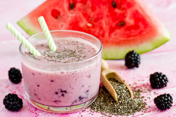 Chia pudding with fresh blackberry and watermelon in glass, healthy food idea