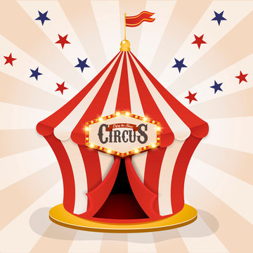 Circus tent. Vintage circus banner with bright bulbs,dome tent, highlights, gold stars, ribbon and garlands. Fun fair vector poster. Bright retro frame with text.
