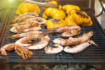 Lots of fresh big shrimp and grilled peppers
