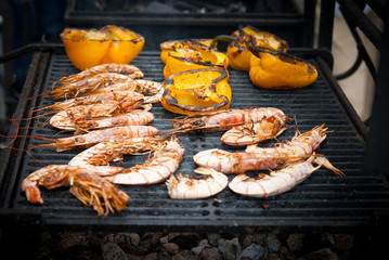 Lots of fresh big shrimp and grilled peppers