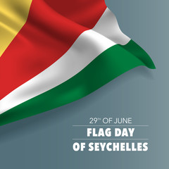 Seychelles happy flag day greeting card, banner vector illustration