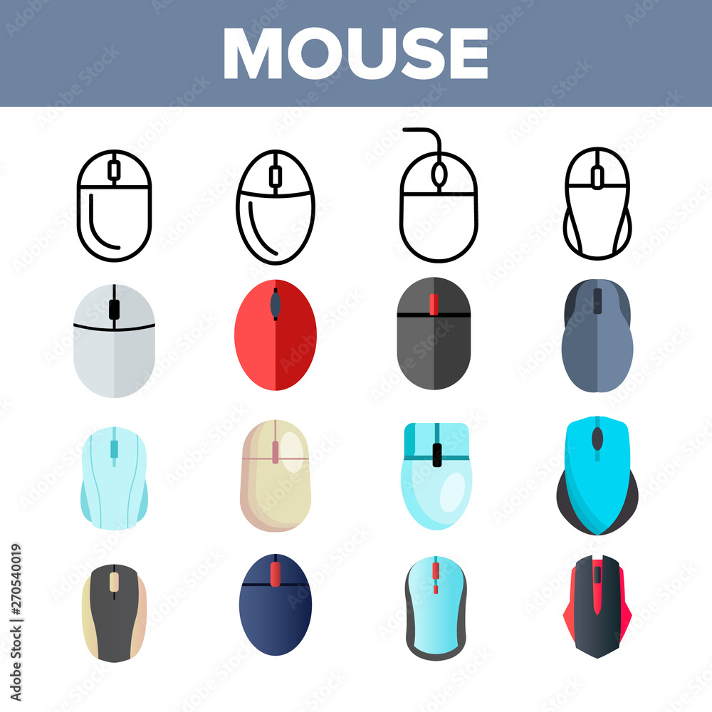 Poster computer mouse vector thin line icons set. mouse, computer device, gaming instrument linear pictogra