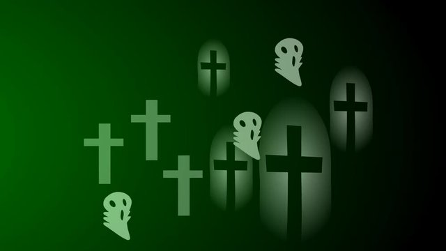 Animation of graveyard of crosses and ghosts and green lighting effect