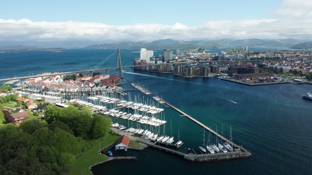 Stravanger City Oil Capital of Norway Marina and Bybrua Bridge Cinematic Drone Aerial 4k