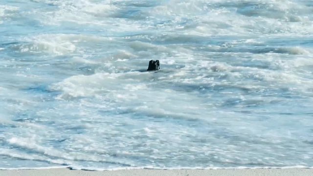 Close up of broken poles in the ocean as  waves of the incoming tide rush over them.