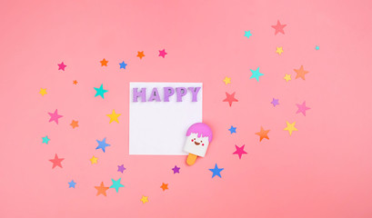 kawaii stylish stationery on pink background. letters 