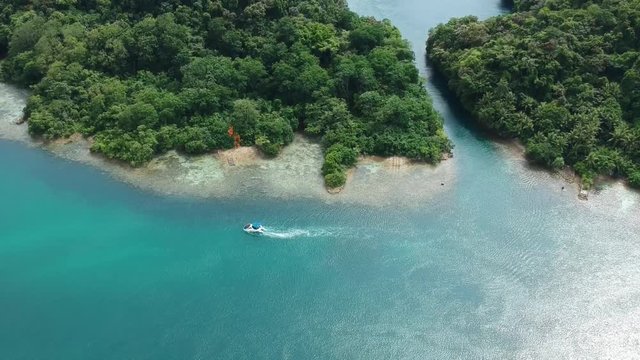 Drone image from islands of the Republic of Palau with a taxi boat