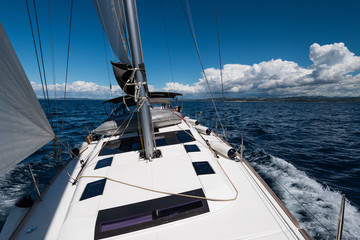 Naklejka premium Luxury yacht at sea race. Sailing regatta. Cruise yachting