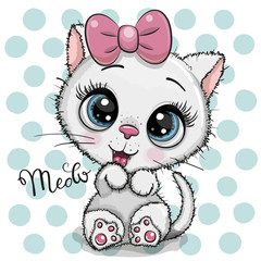 Cartoon wit kitten met een roze strik op een stippen achtergrond