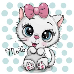 Meubelstickers Kinderkamer Cartoon wit kitten met een roze strik op een stippen achtergrond