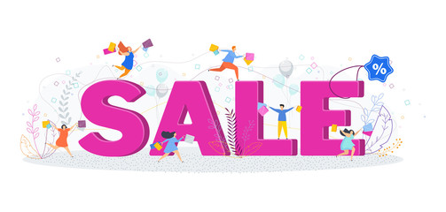 Typography Sale banner. Tiny people with shopping bag.
