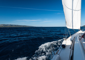 Fototapeta premium Luxury yacht at sea race. Sailing regatta. Cruise yachting