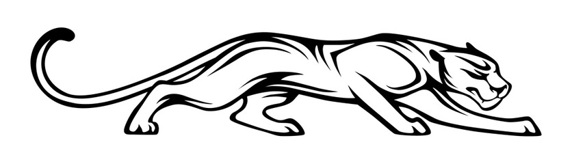 Obraz premium Stylized silhouette of panther. Vector animal illustration, black isolated on white background. Graphic image for tattoo, logo or mascot. Symbol of power and freedom