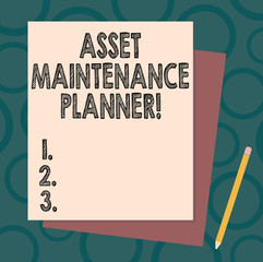 Handwriting text writing Asset Maintenance Planner. Concept meaning Ability to implement structured maintenance plans Stack of Blank Different Pastel Color Construction Bond Paper and Pencil