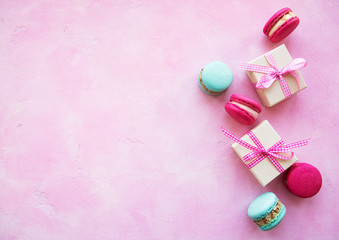 Colorful macaroons and gift boxes