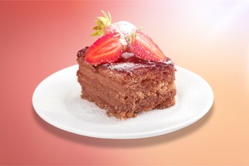 Fototapeta na wymiar slice of delicious chocolate cake over white (with sample text)