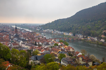 Fototapeta na wymiar Aerial view of the Heidelberg old town with the old bridge across the Neckar river
