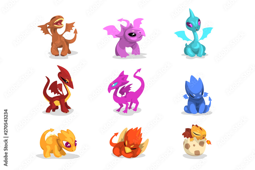 Poster set of colorful dragons in flat style. cartoon characters of mythical monsters. vector for mobile ga