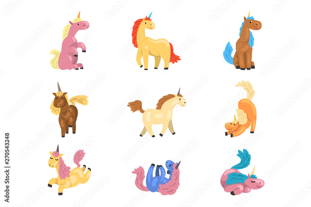 Aufkleber flat vector set of adorable unicorns in different actions. mythical animal with single horn. element