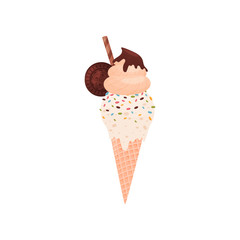 White ice cream with cookies in a waffle cone. Vector illustration on white background.