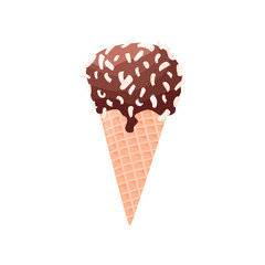 Ice cream with chocolate icing in a waffle cone. Vector illustration on white background.