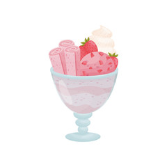 Pink ice cream in a glass bowl on the leg. Vector illustration on white background.