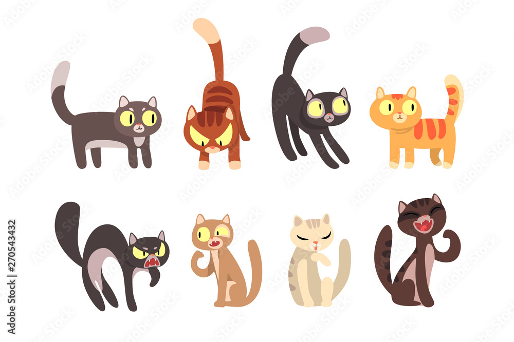 Sticker flat vector set of different cats. funny cartoon characters. home pets. cute domestic animals. eleme