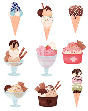 Set of various images of ice cream in a waffle cup and cup. Vector illustration on white background.