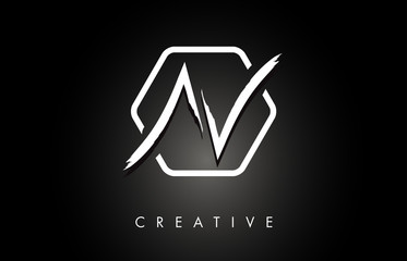 AV A V Brushed Letter Logo Design with Creative Brush Lettering Texture and Hexagonal Shape - obrazy, fototapety, plakaty