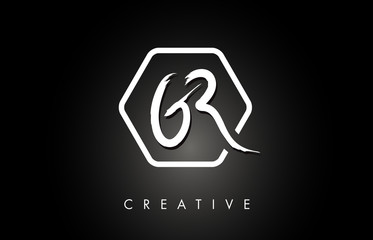 GR G R Brushed Letter Logo Design with Creative Brush Lettering Texture and Hexagonal Shape - obrazy, fototapety, plakaty