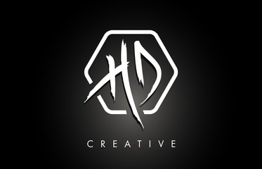 HD H D Brushed Letter Logo Design with Creative Brush Lettering Texture and Hexagonal Shape