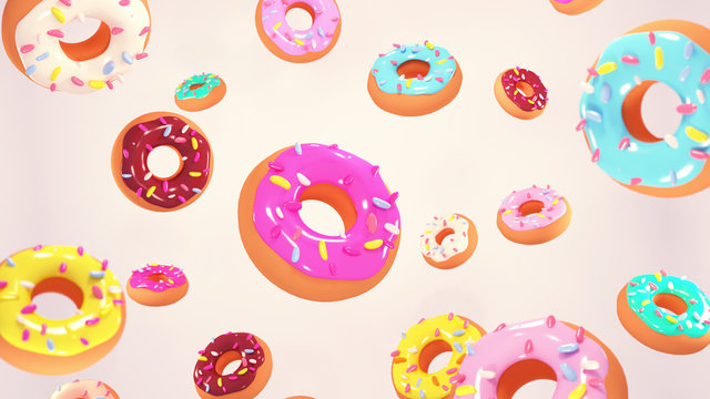 Many sweet donuts falling down. Camera depth of field effect. 3d rendering picture.