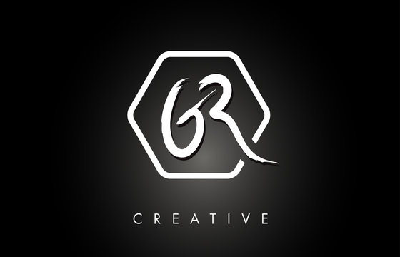 GR G R Brushed Letter Logo Design with Creative Brush Lettering Texture and Hexagonal Shape