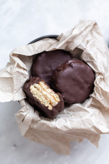 Biscuits on white marble background with copy space